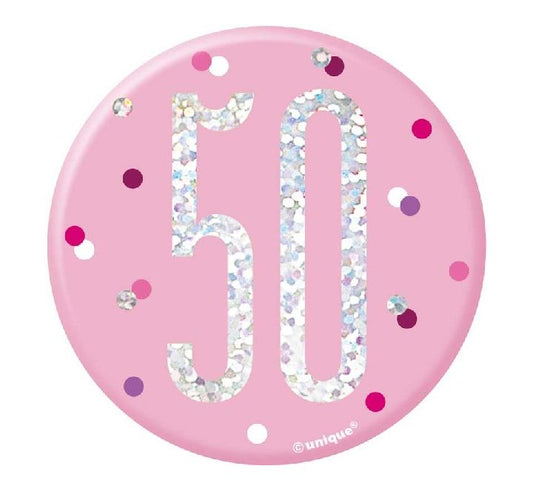 3IN PINK GLITZ 50 BADGE