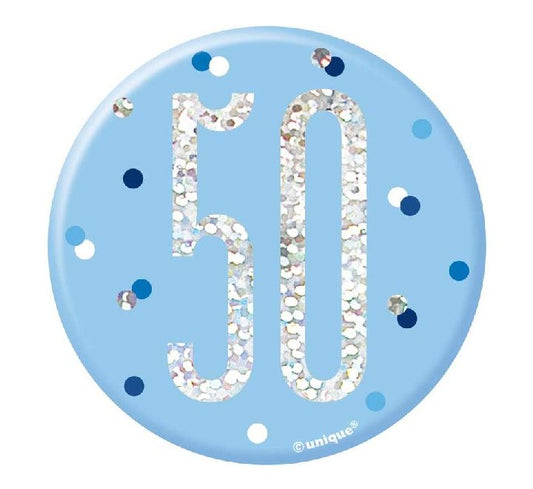 3IN BLUE GLITZ 50 BADGE