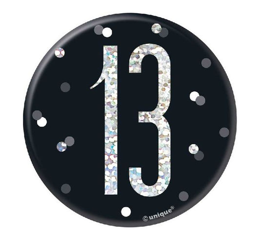 3IN BLACK GLITZ 13 BADGE