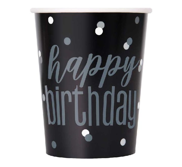9oz Glitz Black & Silver Dots Happy Birthday Paper Cups