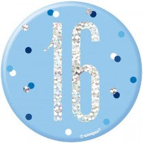 3IN BLUE GLITZ 16 BADGE