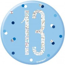 3IN BLUE GLITZ 13 BADGE