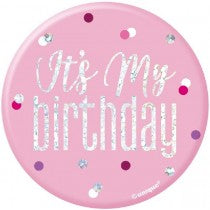 3IN PINK GLITZ BIRTHDAY BADGE