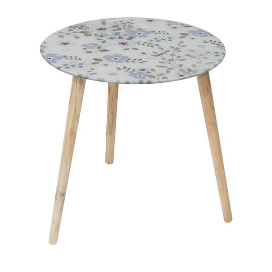 Floral Glass Table with Wooden Legs