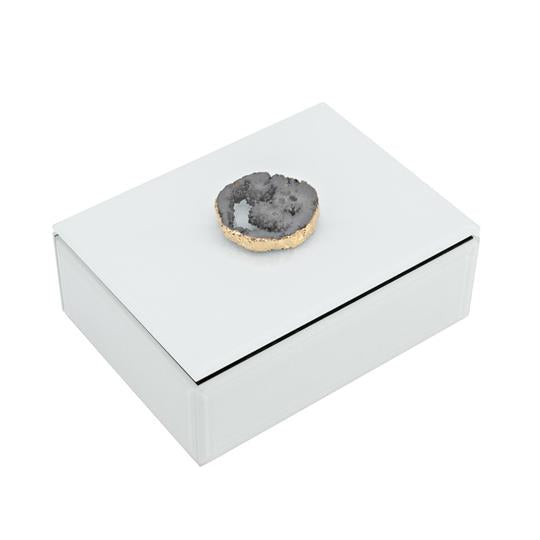 HESTIA® White Glass Trinket Box with Agate Stone Large