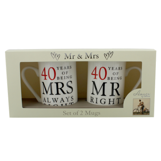 Amore Ceramic Mug Set - Mr Right & Mrs Always Right 40 Years